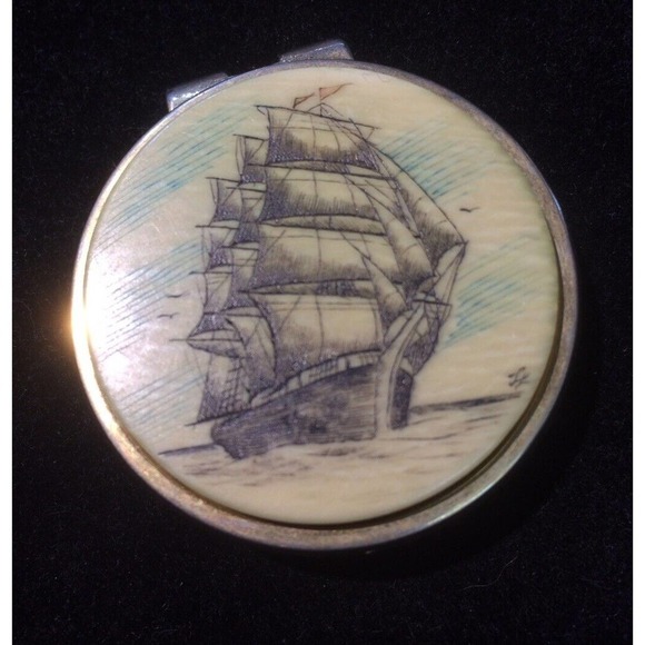 Scrimshaw Money Clip Handmade Sailing Vessel Round On Stainless Steel Gorgeous - Picture 1 of 6